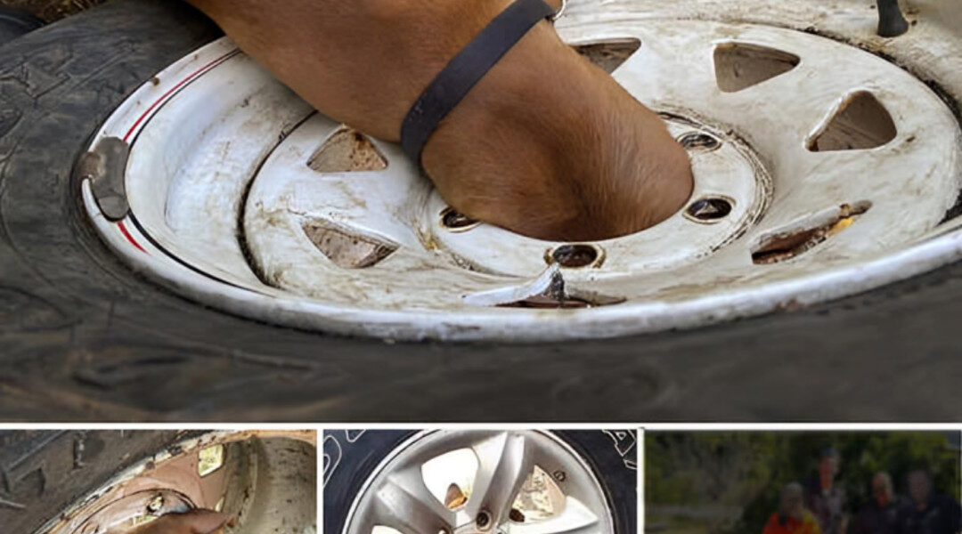 Gripped by the Tire: A Heart-Stopping Tale of a Dog’s Harrowing Ordeal, Unveiling a Thrilling Journey of Perseverance, Survival, and Unfathomable Redemption