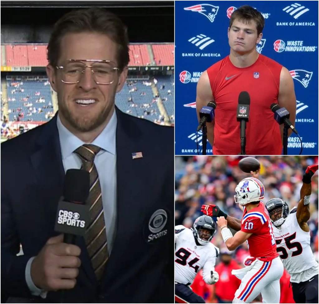 “HE’S JUST A SNOT-NOSED KID HE CAN’T HANDLE REAL PRESSURE” — Texans legend J.J. Watt shocked the football world by launching a blunt criticism of Drake Maye right before the AFC Divisional clash between the Texans and Patriots at Gillette Stadium. As the quote spread rapidly across media and social platforms, Maye reportedly lowered his head with a slight smile, then responded with a cold nine-word reply that instantly sent the entire NFL into an uproar and turned the pregame tension into pure chaos.